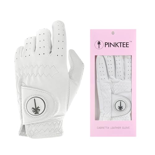 CROWNBLANKS PINKTEE Damen-Golfhandschuh, linke Hand, Cabretta-Leder, Golfhandschuhe mit abnehmbarem magnetischem Ballmarker, voller Finger, elastisch (weiße Markierung, 21) von CROWNBLANKS