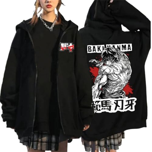 CRYBF Baki Reißverschluss Hoodies Y2K Graphic Print Hooded Männer Frauen Plus Size Sweatshirts Harajuku Zip Up Jacke-Black||3XL von CRYBF