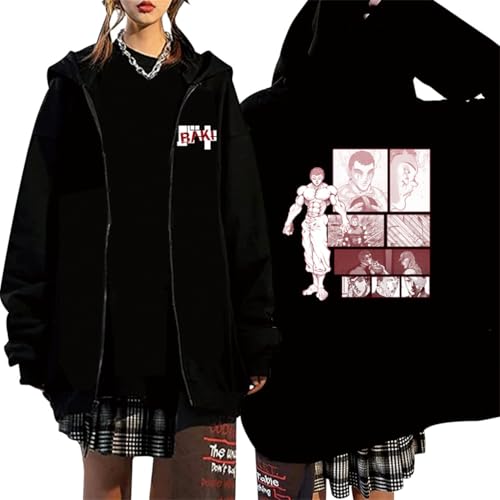 CRYBF Baki Reißverschluss Hoodies Y2K Graphic Print Hooded Männer Frauen Plus Size Sweatshirts Harajuku Zip Up Jacke-Black||S von CRYBF