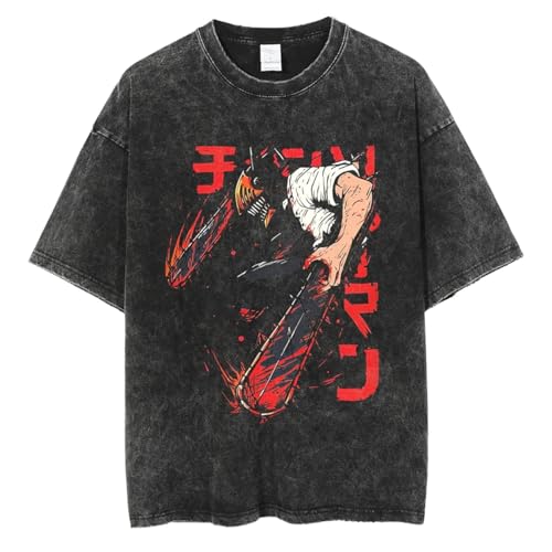 CRYBF Kettensäge Mann Männer Gewaschen Schwarz Tshirt Streetwear Anime Graphic Print T-Shirt Sommer Mode Hip Hop Harajuku T-Shirt Baumwolle Tops Tees-Black-7||L von CRYBF