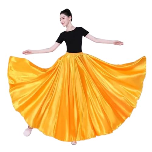 CSSHNL Lyrical Tanzkostüme für Damen Damen 540D 720 Grad Satinrock Bauchtanzrock Damen Gypsy Lange Röcke Tänzerin Übungskleidung Verschiedene Massivgold Tanzrock(Yellow,540D 80cm) von CSSHNL