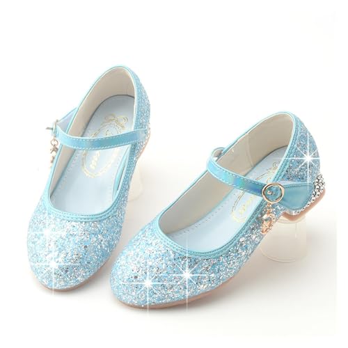 Mädchen Glitzer Schuhe Prinzessin Kinder Lederschuhe Mädchen Blume Casual Glitter Strass Kristall Ferse Kinder High Heel Party Dance Performance Schuhe für Partys Hochzeiten(Blue,28 Insole 18.5cm) von CSSHNL