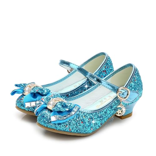 Mädchen Glitzer Schuhe Prinzessin Schuhe for Mädchen Kinder Casual Glitter Kinder High Heel Blumen Mädchen Knoten Tanzen Performance Party Schuhe für Partys Hochzeiten(TG002A Blue,36) von CSSHNL