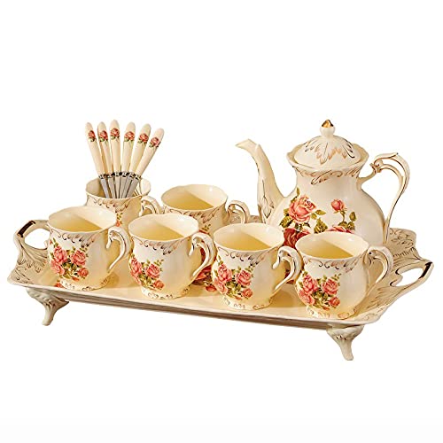 CUNTO 8-teiliges Teeservice aus Porzellan, weißes Britisches Teeservice aus Keramik für Erwachsene, eine Teekanne, EIN Set mit 6 Kaffeetassen und Löffeln mit Tablett von CUNTO