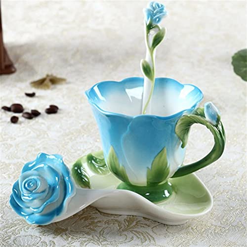 CUNTO Keramik-Kaffeetasse, kreative 3D-Rosenform, Blume, Emaille, Keramik, Kaffee, Teetasse und Untertasse, Löffel-Set, Porzellan, Wassertasse, Tassen von CUNTO