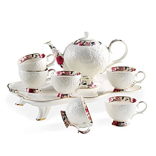 CUNTO Tee-Set mit Teekanne, Tee-Set, Nachmittagstee-Service, Kaffeetassen-Set, Porzellan-Teetassen-Set mit Teetablett von CUNTO