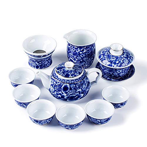 CUNTO Teeservice Kung Fu Porzellan Teetasse Teeservice Blaues und weißes Porzellan 6 Teetassen Geeignet für Reisen Zuhause Outdoor und Büro,A,11 Köpfe von CUNTO