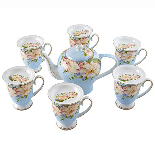 Tee-Set, Knochenporzellan-Tassen, rosa Teekanne mit 6 Teetassen, große Kapazität, Kaffeetassen für Nachmittagstee und Kaffee, Blau von CUNTO
