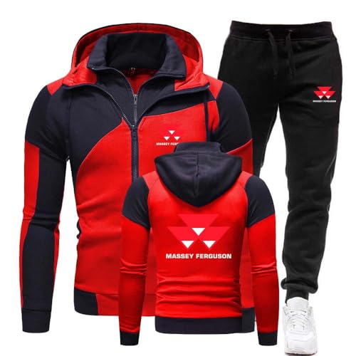 CUTEZED Herren-Trainingsanzug, Massey-Ferguson Kapuzenjacke Zip + Hose Trainingsanzug, Mit Kapuze Und Taschen Jogginganzug Sportanzug Hoodie + Sporthose,L,Red von CUTEZED