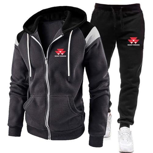 CUTEZED Herren Trainingsanzug Massey-Ferguson Jogginganzug Sweatshirts Set Hoodie Und Sporthose Streetwear Hausanzug Sportanzug Zip Jacke + Hose,3XL,Grey von CUTEZED