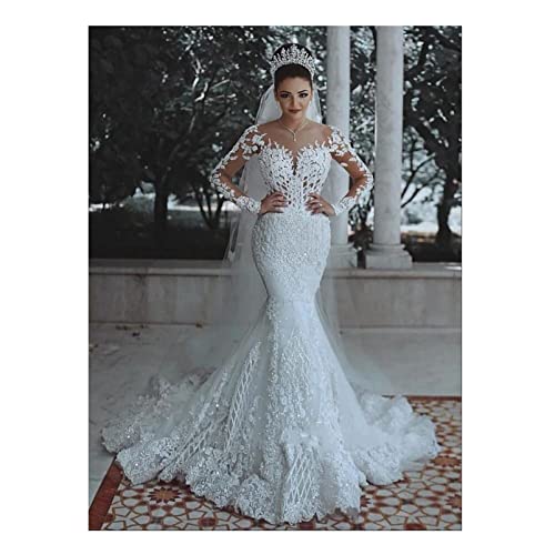 CUTTE Elegant Hochzeitskleid Brautkleid Sexy Tiefer V-Ausschnitt Spitze Meerjungfrau Brautkleider Brautjungfernkleid mit Ärmeln Brautkleid Maxi Abendkleider,White,M von CUTTE