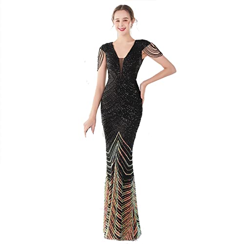 CUTTE Frauen Meerjungfrau Abend Cocktail Langes Kleid Ärmellos V-Ausschnitt Perlen Pailletten Sommerkleider Brautjungfernkleid Maxikleider,Black,M von CUTTE