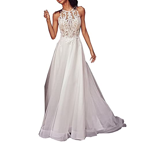 CUTTE Gasthochzeitskleider für Frauen Lässige Halfter Brautjungfernkleider Spitze Ärmelloses Cocktail Abschlussball Formales Kleid-Brautkleid,White,S von CUTTE