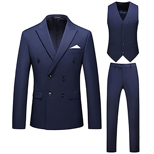 CUTTE Herren 3-teiliges Anzug-Set Blazer Hosen Weste Plus Größe Zweireihig Lässige Slim Fit Blazer Jacken für Party Dinner Prom,Dark Blue,3XL von CUTTE