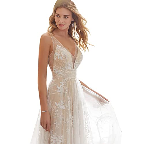CUTTE Rückenfreies Ärmelloses Spitzenhochzeitskleid Chiffon-Brautjungfernparty Cocktailkleid Strand Maxikleid Lose Vintage A-Linie Brautkleider Sommerkleid,White,M CUTTE Rückenfreies Ärmelloses Spitzenhochzeitskleid Chiffon-Brautjungfernparty Cocktailkleid Strand Maxikleid Lose Vintage A-Linie Brautkleider Sommerkleid,White,M von CUTTE