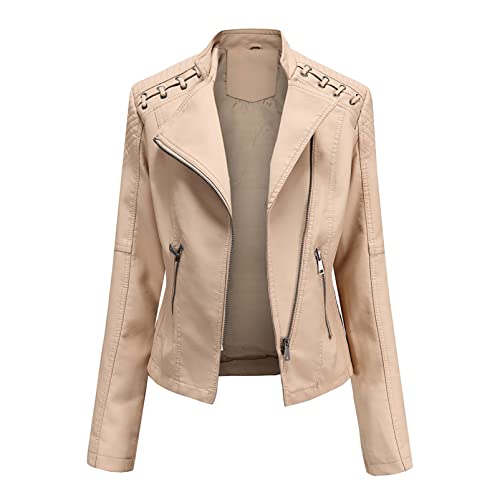 Damen Stehkragen Leder Kurze Jacke Schlanke Lederjacke Damen Motorradjacke Casual Lederimitat Streetwear Slim Übergangsjacke Bikerjacke,Beige,M von CUTTE