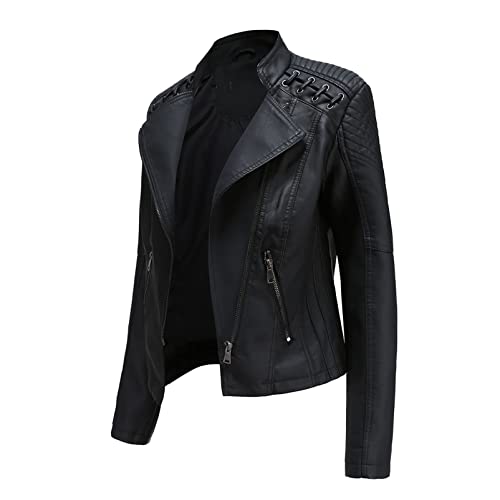 Damen Stehkragen Leder Kurze Jacke Schlanke Lederjacke Damen Motorradjacke Casual Lederimitat Streetwear Slim Übergangsjacke Bikerjacke,Black,L von CUTTE