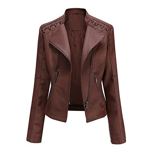 Damen Stehkragen Leder Kurze Jacke Schlanke Lederjacke Damen Motorradjacke Casual Lederimitat Streetwear Slim Übergangsjacke Bikerjacke,Brown,4XL von CUTTE