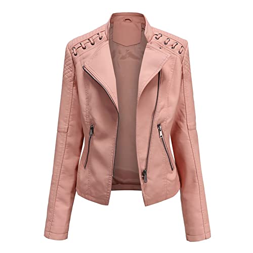 Damen Stehkragen Leder Kurze Jacke Schlanke Lederjacke Damen Motorradjacke Casual Lederimitat Streetwear Slim Übergangsjacke Bikerjacke,Pink,S von CUTTE