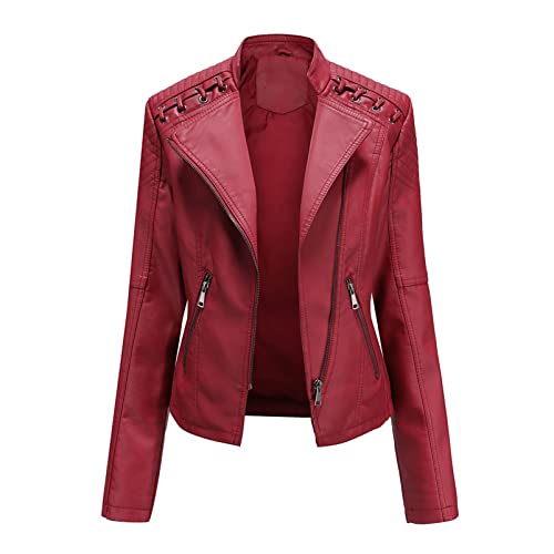 Damen Stehkragen Leder Kurze Jacke Schlanke Lederjacke Damen Motorradjacke Casual Lederimitat Streetwear Slim Übergangsjacke Bikerjacke,Red,3XL von CUTTE