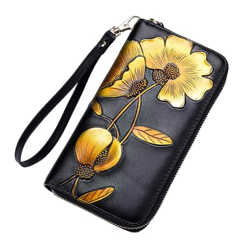 CUTeFiorino Geldbörsen Damen Schwarz handbemalte Blumen, Damen-Armband mit Handschlaufe, Lange Geldbörse, große Kapazität, mehrere, Kartenetui, Reißverschlusstasche Kitkartenhüllen (Gold, One Size) von CUTeFiorino