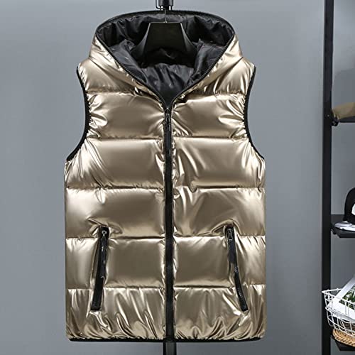 CWENROU Damen Ärmellose Daunenweste - Winter Plus Größe Damen Daunenweste Retro Kapuze Kurze Glänzende Ärmellose Daunenjacke Gefütterte Jacke Wasserdicht Warm Gold Freizeit Outdoor-Sport,Gold,4XL von CWENROU