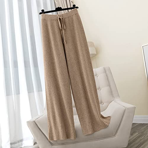 CWENROU Damen Hose Mit Weitem Bein - Lässige Damen Herbst Und Winter Dicke Warme Hosen Mit Weitem Bein Mode Khaki Kordelzug Hohe Taille Gestreifte Strickhose Einfache Und Elegante Party von CWENROU