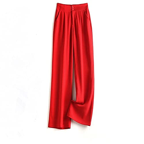 CWENROU Damen Hose Mit Weitem Bein - Mode Frühling Und Herbst Damen Weite Beinhose Retro Rot Hohe Taille Lose Gerade Bein Casual Chiffon Anzug Hosen Hosen Outdoor Elegante Geschäftsparty,Rot,S von CWENROU