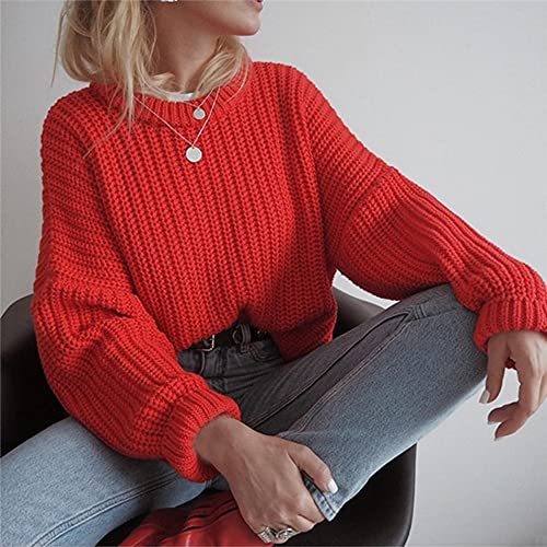 CWENROU Damen Pullover - Herbst Und Winter Damen Casual Strickpullover Mode Rot Retro Rundhals Pullover Langarm Warm Stretch Einfach Schlank Outdoor Party Elegant,Rot,M von CWENROU