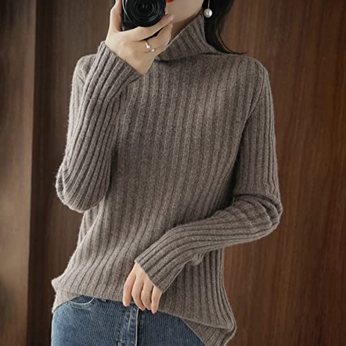 CWENROU Damen Pullover - Herbst Und Winter Damen Stehkragen Pullover Mode Warmer Kaschmir Pullover Grubenstreifen Stricken Langärmeliges Stretch-Bodenhemd Elegantes Braunes, Braun,L von CWENROU