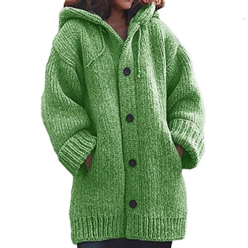 CWENROU Damen Pullover - Herbst- Und Wintermode Damen Mittellanger Hoodie Retro Plus Größe Grüner Pullover Strickjacke Dicker Knopf Langärmelige Strickjacke Schmale Tasche Outdoor-Freizeit,Grün,S von CWENROU