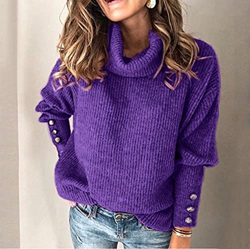 CWENROU Damen Pullover - Mode Damen Herbst Und Winter Pullover Warmer Stehkragen Pullover Retro Strickpullover Groß Schlank Einfach Lila Freizeit Outdoor Sport Elegante Party, Lila, XL von CWENROU