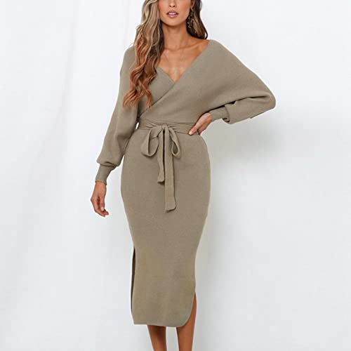 CWENROU Damen V - Ausschnitt Pullover Kleid - Herbst/Winter Strick Langarm Enge Passform Kleid Mode Khaki Sexy Elastischer Weicher Gürtel Party Lässig Elegantes Mittellanges Kleid,Khaki,S CWENROU Damen V - Ausschnitt Pullover Kleid - Herbst/Winter Strick Langarm Enge Passform Kleid Mode Khaki Sexy Elastischer Weicher Gürtel Party Lässig Elegantes Mittellanges Kleid,Khaki,S von CWENROU