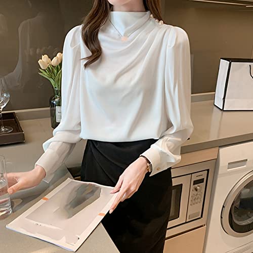 CWENROU Damenhemd - Damen Langarmshirt, Modisches Satintop Mit Puffärmeln, Sexy Weißes Retro-Seidenhemd Mit Stehkragen, Schlankes Lässiges Büro Im Freien Elegante Business-Party,Weiß,XXL von CWENROU