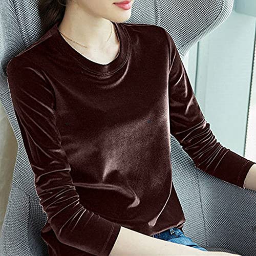 CWENROU Lässige Damenhemden - Mode Herbst Und Winter Gold Samt Bluse Damen Hemd T-Shirt Retro Rundhals Langarm Samt Plus Size Bluse Slim Braun Schlichte Und Elegante Outdoor Party,Braun,3XL von CWENROU