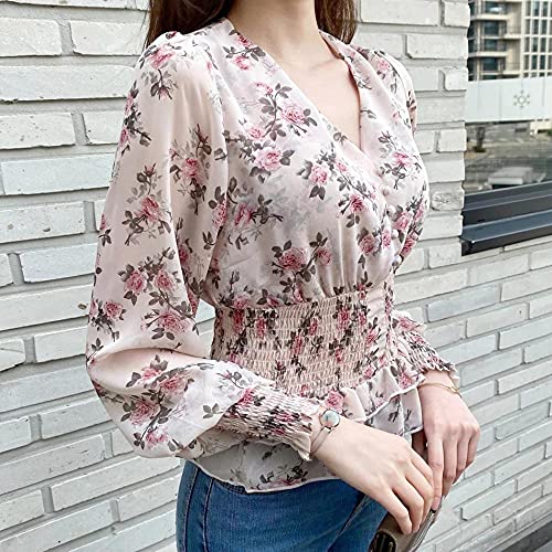 Lässige Damenhemden - Frühlings- Und Sommermode Damen Chiffon Bluse Hemd Retro Langarm Druck V-Ausschnitt Koreanisch Elegantes Schlankes Oberteil Plissierte Taille Einfache Florale Casual Party,Ro Lässige Damenhemden - Frühlings- Und Sommermode Damen Chiffon Bluse Hemd Retro Langarm Druck V-Ausschnitt Koreanisch Elegantes Schlankes Oberteil Plissierte Taille Einfache Florale Casual Party,Ro von CWENROU