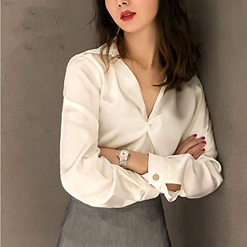 Lässige Damenhemden - Mode V-Ausschnitt Shirt Bluse Koreanischen Retro-Shirt Frühling Und Sommer Elegante Schlanke Einfarbige Büro Damen Kleidung All-Match Elegante Weiße Casual Business Party, M von CWENROU