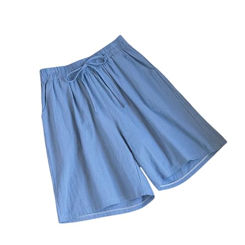 CWXKGL Shorts Damen Sommer Baumwollwäsche Lose Frauenshorts Lässig Gerade Kurze Hosen Elastische Taille Wide Leg Shorts Frauen-blau-XL 55-65 Kg von CWXKGL