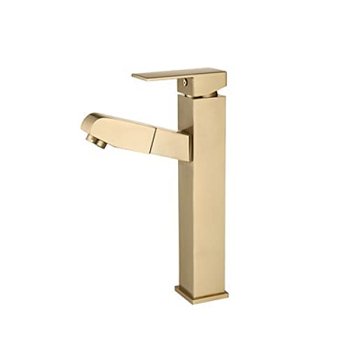 Ausziehen von Badezimmer Wasserhahn ein einzelnes Loch Retractable Basin Mixer Tap für heißes und kaltes Wasser Vollkupfer -Eingriffsbecken, Tipps für Toilettenstöcke, Waschbeckenhahn, hohes Gold von CWZZWS