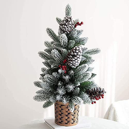 CWZZWS Kleiner verschneiter Weihnachtsbaum mit Tannenzapfen und Beeren mit Sackleinensockel, künstlicher Weihnachtsbaum aus Kiefernholz (Weihnachtsbaum) für den Tisch, Atmosphäre von CWZZWS