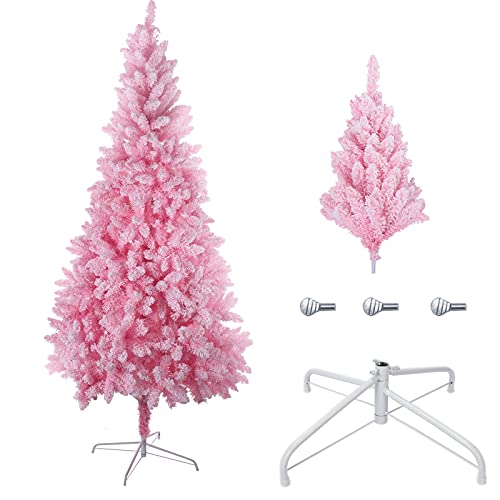 CWZZWS Rosa künstlicher schneebeflockter Weihnachtsbaum, 8 Fuß voller Baum, Metallständer für Zuhause, Büro, Party, voller Baum (Rosa, 201) von CWZZWS