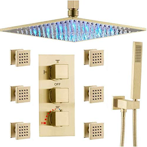 CWZZWS Thermostatisches 10-16-Zoll-LED-Regenduschkopfsystem aus gebürstetem Messing zur Deckenmontage mit 6-teiligem Körperstrahlmischer und Handbrauseset von von CWZZWS