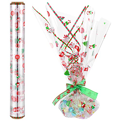 CWZZWS Weihnachts-Zellophan-Verpackungsrolle, 2,5 mm dick, 3000 x 40 cm, Geschenkpapier mit weihnachtlichen Motiven für Körbe, Leckereien, Bonbons von CWZZWS