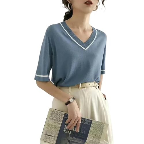 CXHJCQ T Shirt V-Ausschnitt Kurzarm Bequemer Casualwomen'S Clothing Summer Office Lady Pulovers T-Shirts-Blau-XL von CXHJCQ