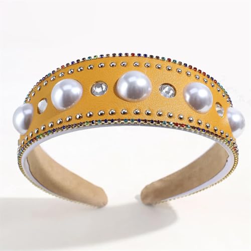 CXLHZCJB Frauen Mädchen Perlen Strass Haarband Vintage Stil Leder Stirnbänder Intarsien Party Stirnband Gelb von CXLHZCJB