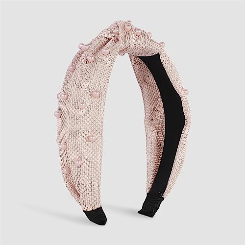 CXLHZCJB LULUMAIC Breite Mesh-Knoten-Stirnbänder, modisches Mädchen-Stirnband, Perlen-Haarband, handgefertigtes Haarband, Turban für Frauen, Beige von CXLHZCJB