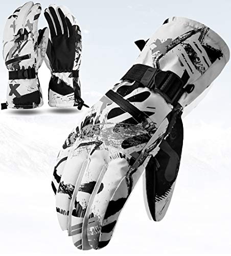 CXW Skihandschuhe Touchscreen Thermohandschuhe Wasserdicht Snowboard Handschuhe für Damen und Herren (Weiß & Grau Graffiti, L) von CXW