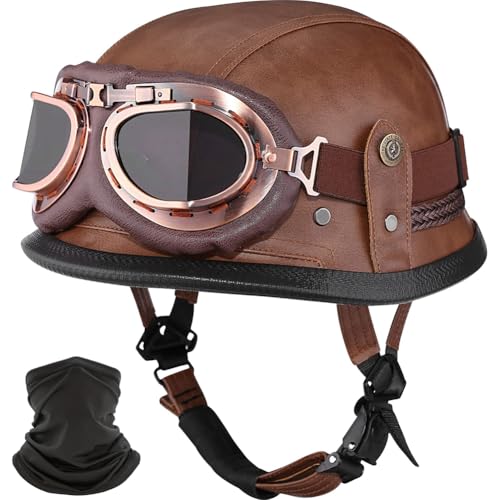 Vintage Deutsche Motorrad Halbhelme Halbschalenhelm mit ECE, Jethelm Retro, Chopper Helm, Retro Motorrad Helm, Scooter Helm, Offenem Helm, mit Sonnenbrille Schnellverschlussschnallen,E,L 59~60CM von CZSBXBHD