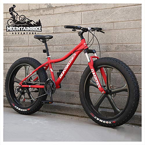 26-Zoll-Hardtail-Mountainbike, Fat Tire Mountain Trail Bike für Erwachsene, Männer und Frauen, Mountainbike mit mechanischen Scheibenbremsen und Vorderradfederung, Kohlenstoffstahl, 5 Speichen, Rot, von CZYGPHY