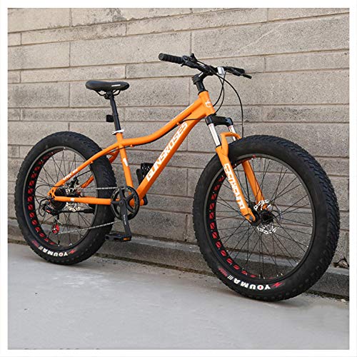 26-Zoll-Hardtail-Mountainbike, Fat Tire Mountain Trail Bike für Erwachsene, Männer und Frauen, Mountainbike mit mechanischen Scheibenbremsen und Vorderradfederung, Kohlenstoffstahl, Orange Spoke, 27 von CZYGPHY